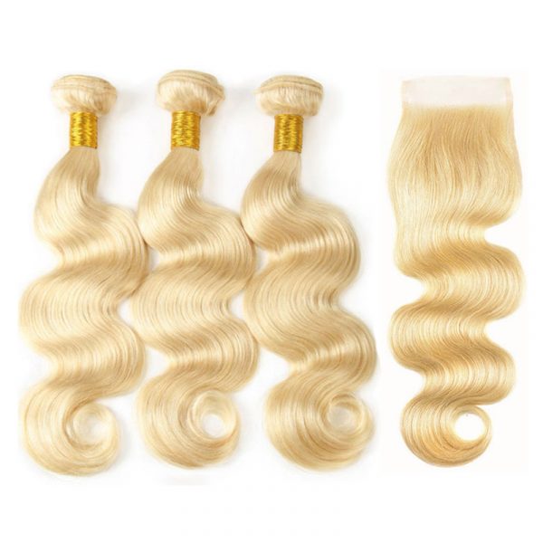 Blonde 4x4 #613 Color Lace Closure with 3 Bundles Straight/Body Wave Texture Remy Human Hair