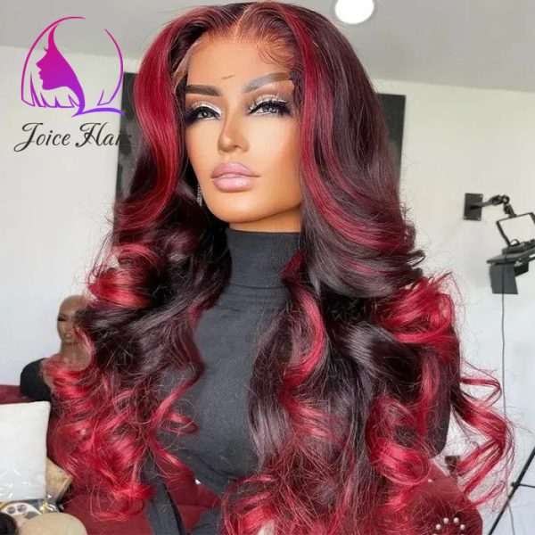 Joice Hair 99j Dark Burgundy With Rose Red Highlights 13x4 Lace Front Straight/Loose Wave Wig