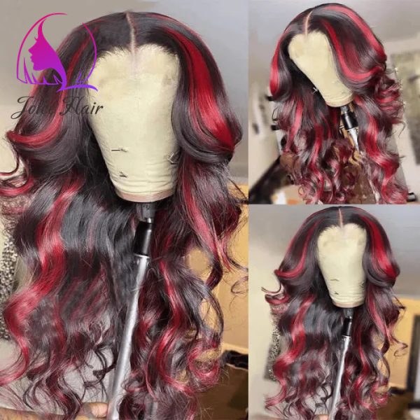 Joice Hair 99j Dark Burgundy With Rose Red Highlights 13x4 Lace Front Straight/Loose Wave Wig - Image 4