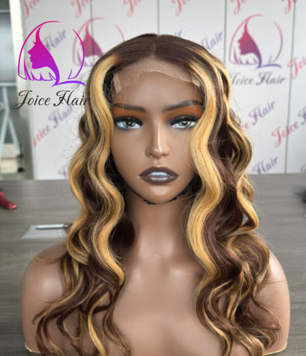 Honey Blonde Highlight Curly Wave Wig 4x4 HD Closure Wig 16 Inches 150% Raw Virgin Hair Wig - Image 2