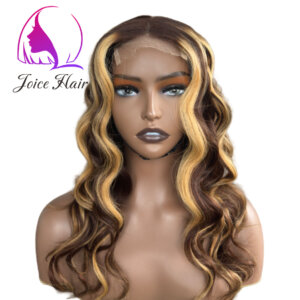Honey Blonde Highlight Curly Wave Wig 4x4 HD Closure Wig 16 Inches 150% Raw Virgin Hair Wig
