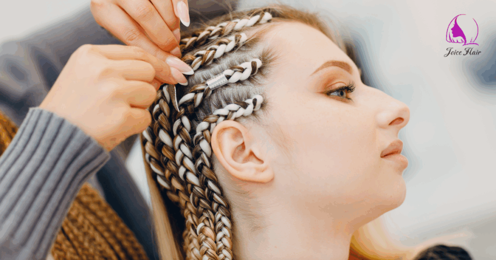 Stylist braiding a woman's hair using blonde and brown bulk hair for braiding extensions.