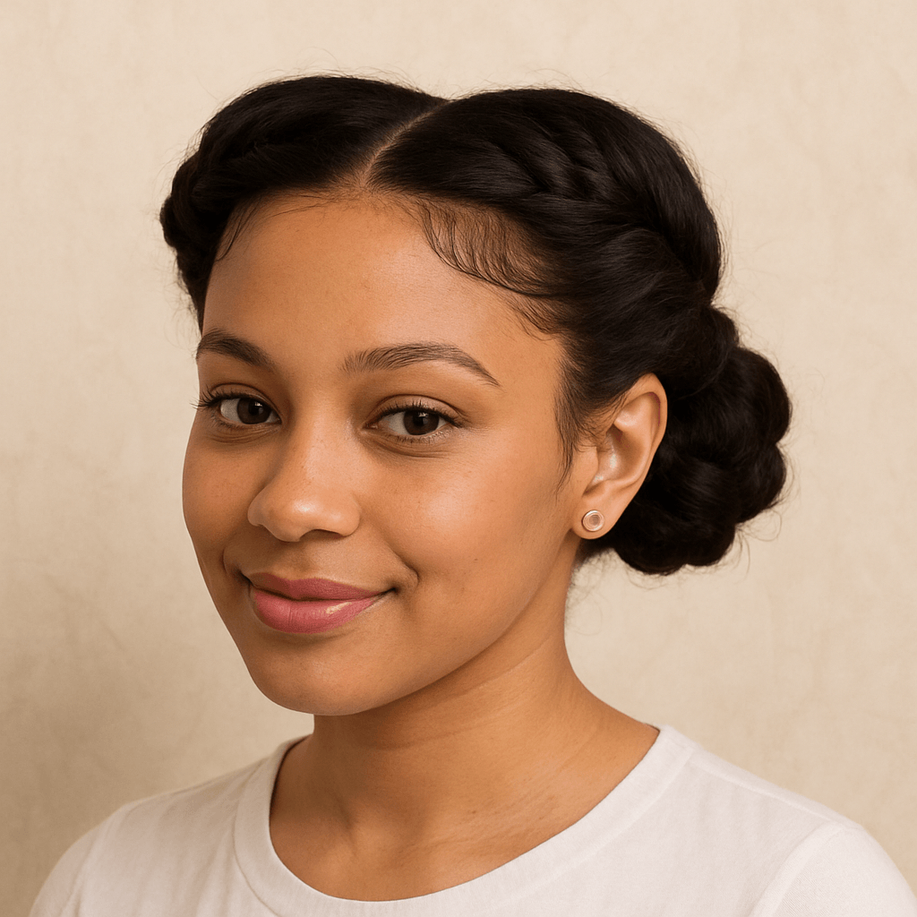 Young woman with neatly twisted low buns, showcasing one of the elegant easy updo hairstyles for natural hair.