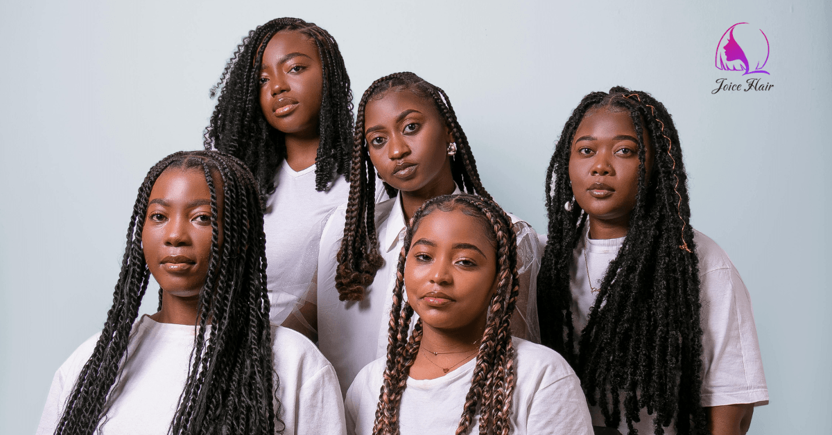 Black African natural hair styles featuring five women wearing beautifully styled twists and braids.