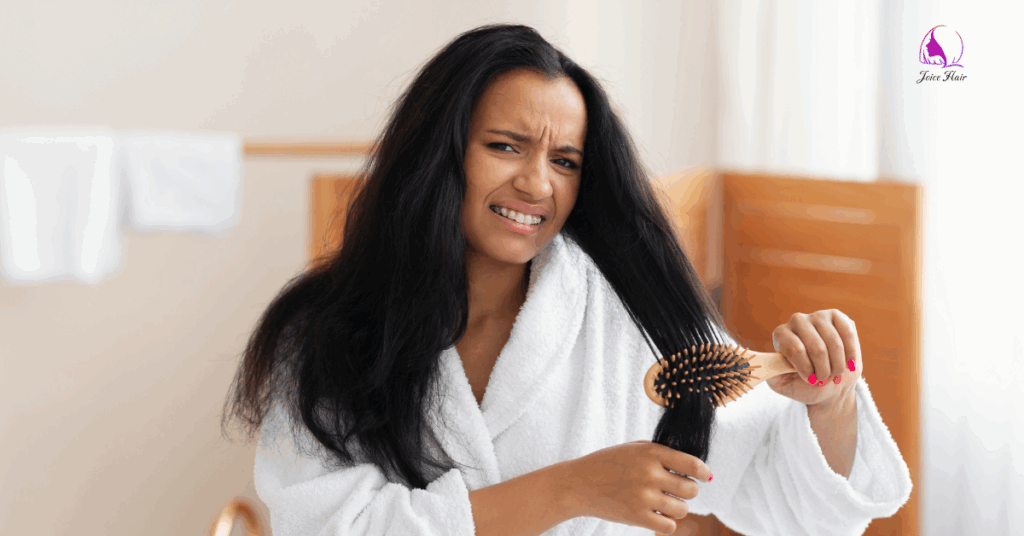 Unhappy Black Lady Brushing Detangling Hair With Hairbrush In Bathroom