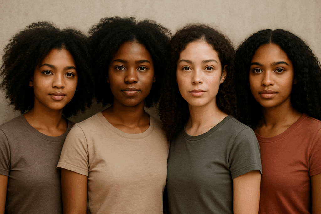Four womens standing with 4c hair in different skin tones.
