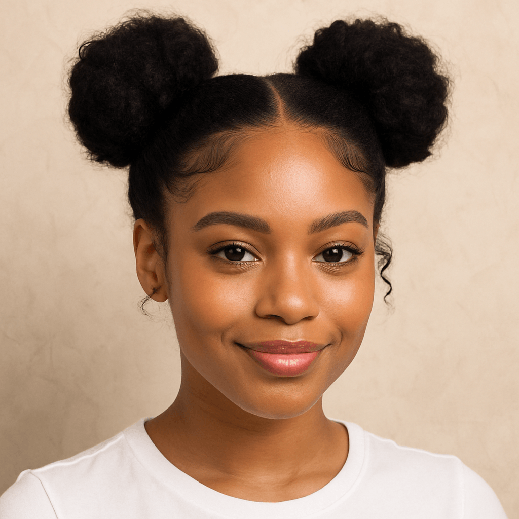 Young woman with natural hair styled in two fluffy space buns, one of the easy updo hairstyles for textured hair.