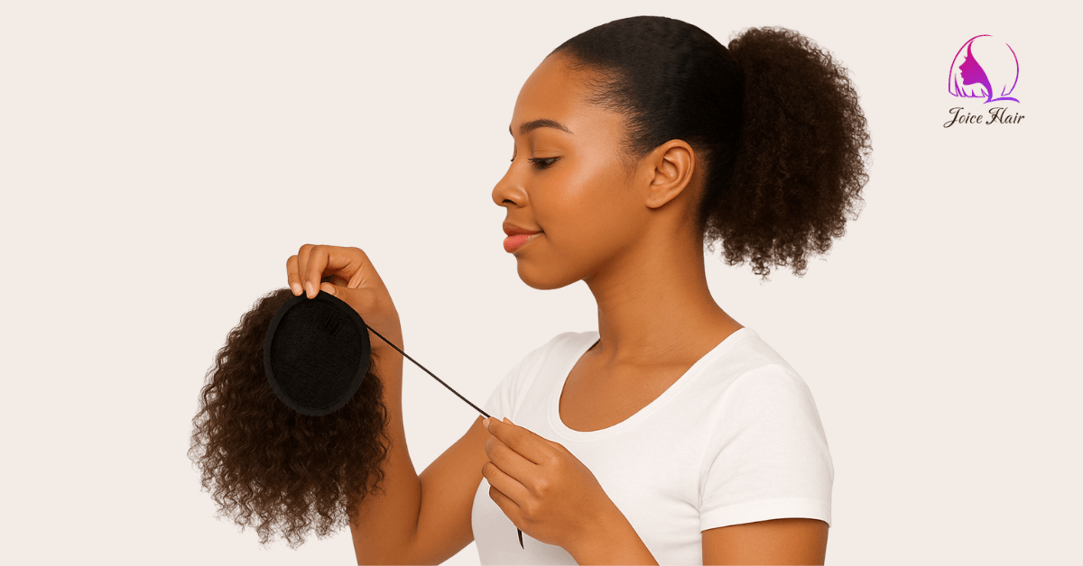 Women in white T-shirt holding a Drawstring Ponytail