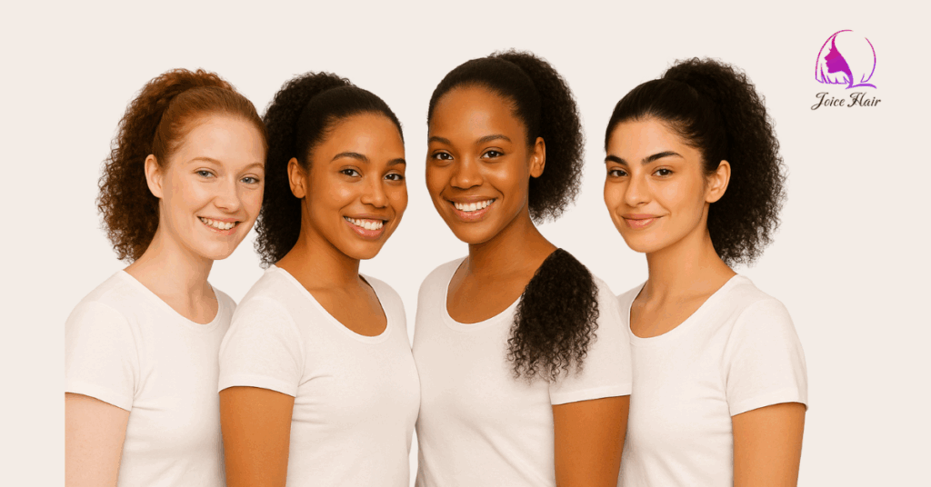 Four women wearing different Drawstring Ponytail extensions