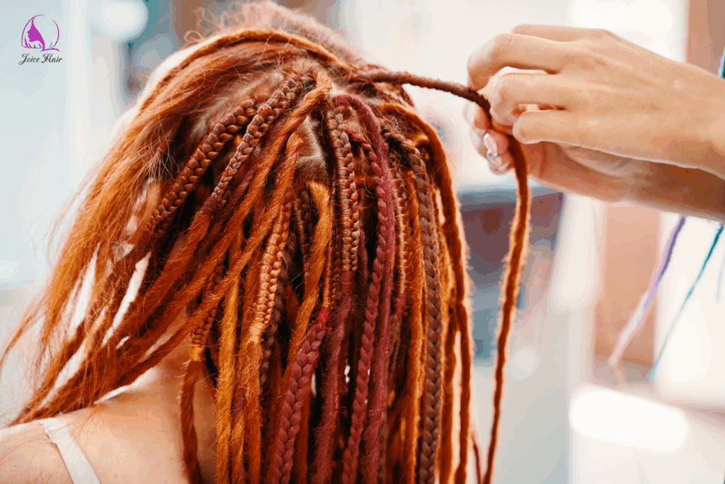 mulheres a entrançar o cabelo em extensões de dreadlock.
