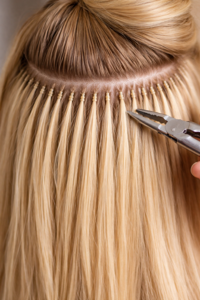 Blonde nano bead hair extensions in progress