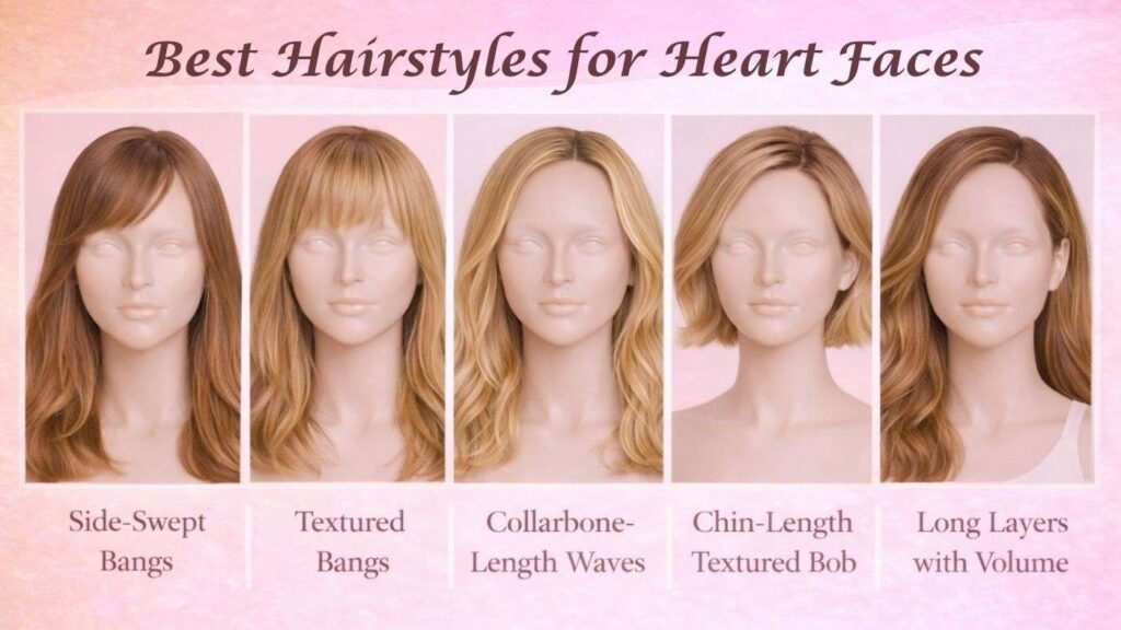 Hairstyle examples for heart-shaped faces including bangs, waves, and layered cuts