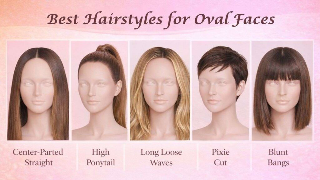 Hairstyle options for oval faces including straight hair, waves, and bangs