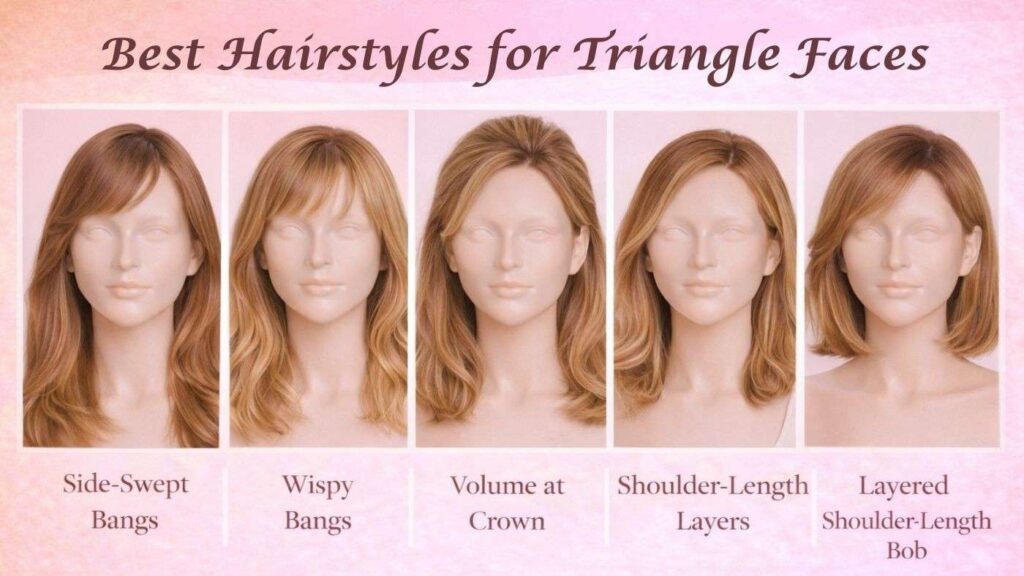 Hairstyle options for triangle face shapes including bangs, crown volume, and layered cuts
