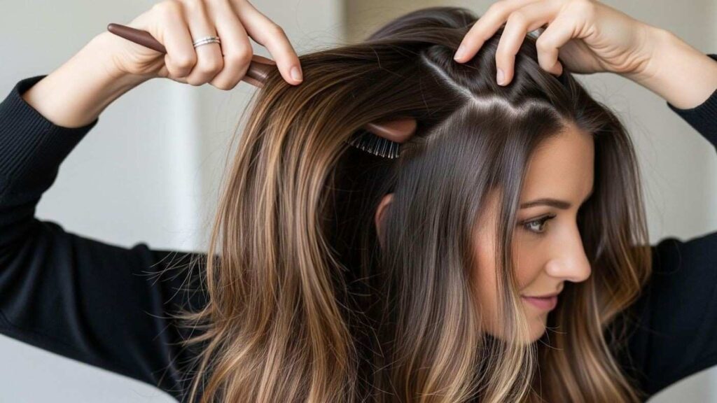 Blending halo hair extensions into natural hair with a brush