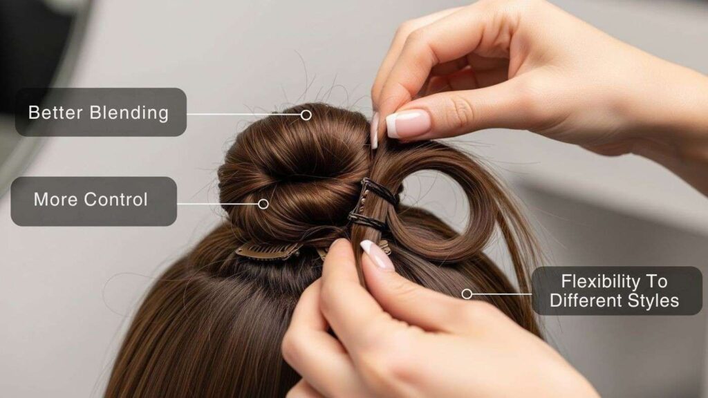 Stylist building a clip-in bun using hair extensions