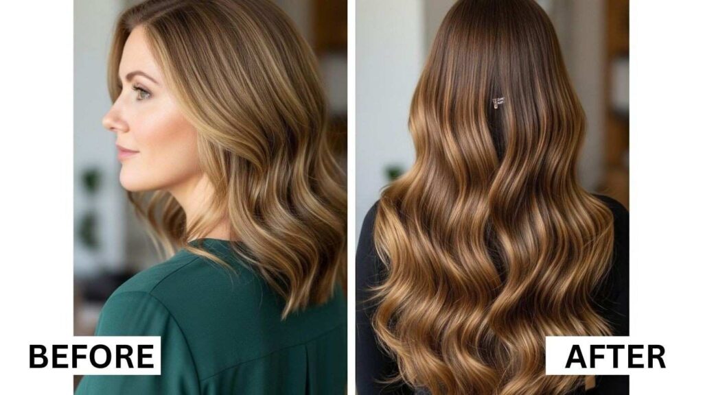 Before and after clip-in hair extensions showing added length and volume