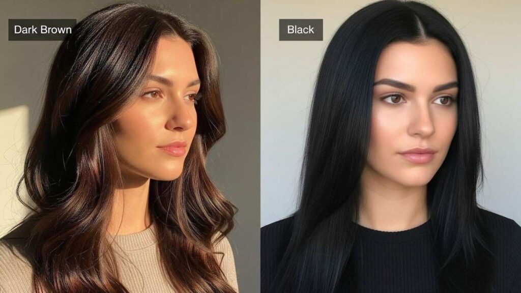 Comparison of dark brown and black hair colors for extension blending