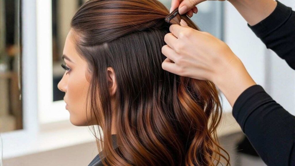 Stylist placing a halo hair extension on a model&rsquo;s head