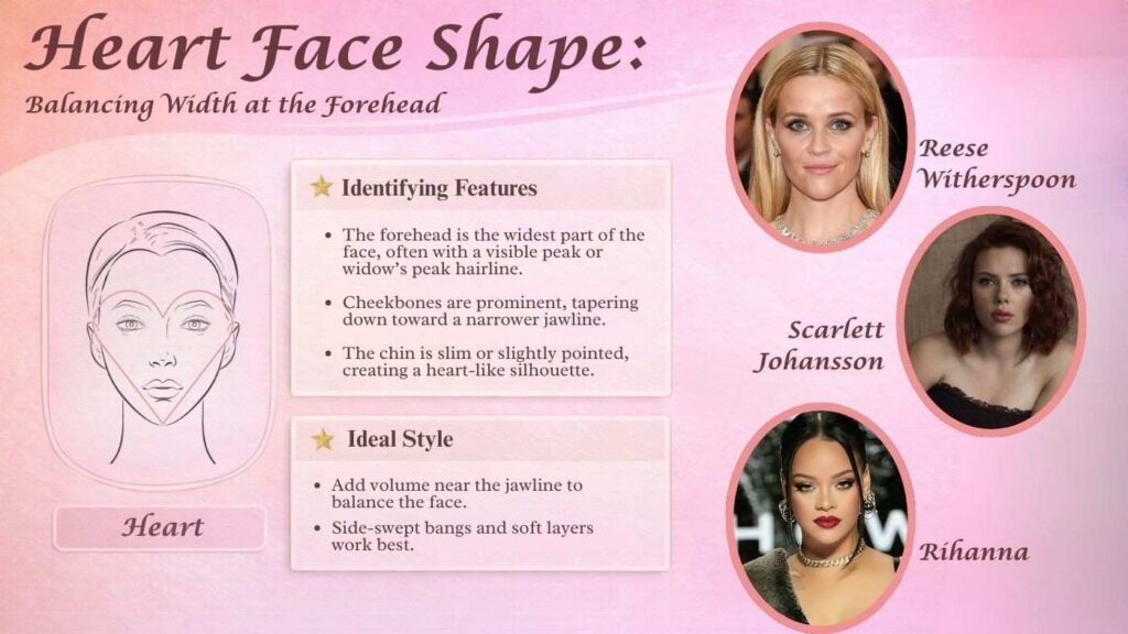 Hairstyle examples for heart-shaped faces including bangs, waves, and layered cuts