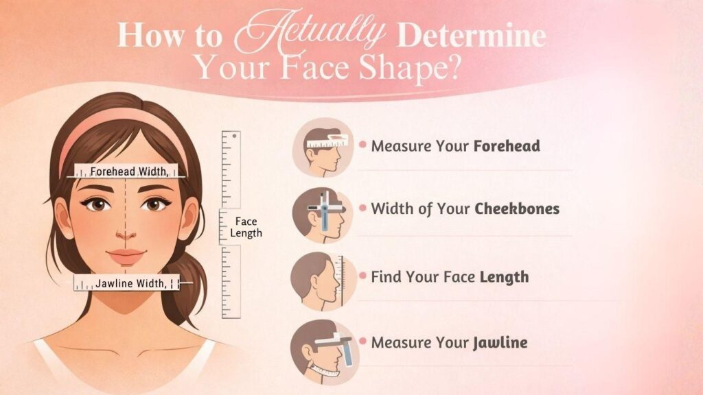 Illustration showing how to measure forehead, cheekbones, jawline, and face length