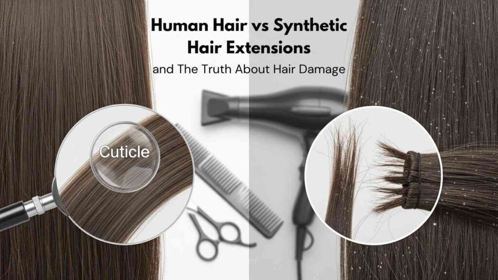 Comparison of human hair vs synthetic hair extensions showing texture and cuticle differences