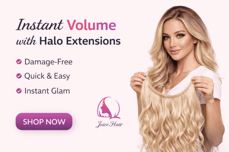 Joice Hair halo hair extensions providing instant volume and length with a damage-free application