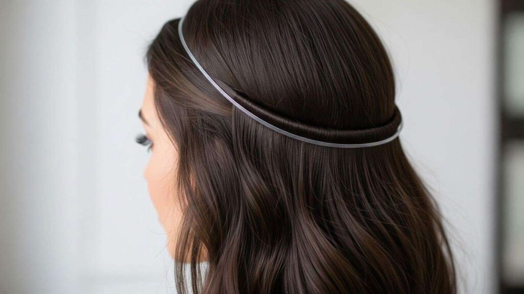 Placing a halo hair extension around the head for proper fit