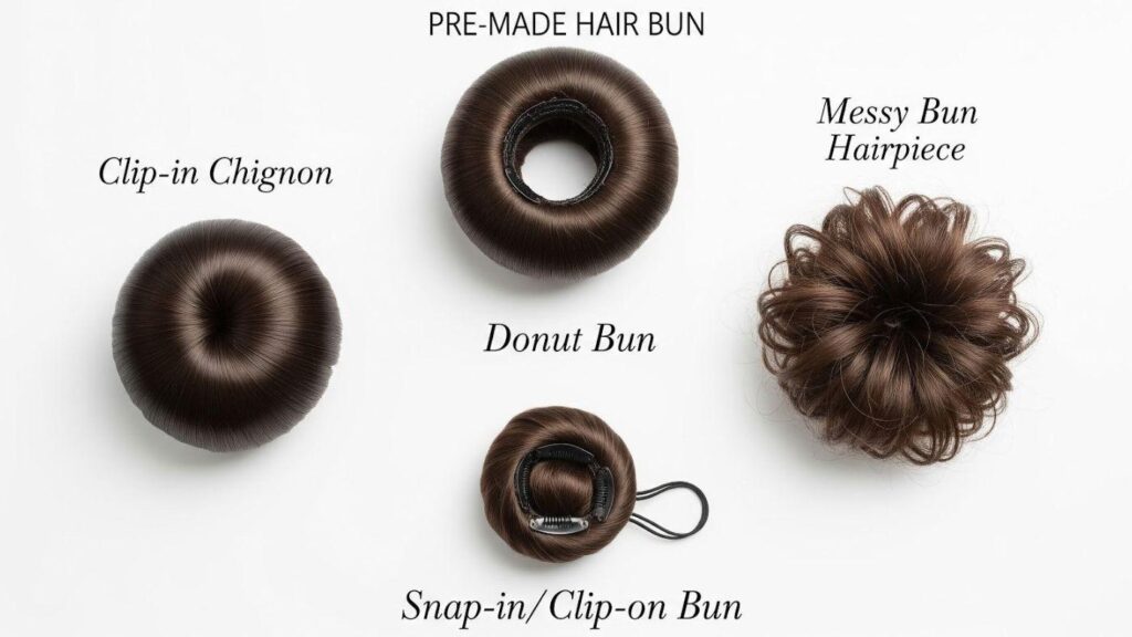 Pre-made clip-in bun hairpieces including donut and chignon styles