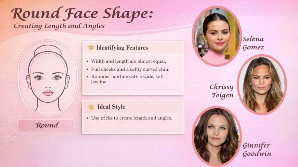 Round face shape diagram showing equal width and length with soft curves