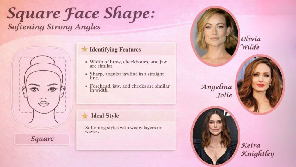 Square face shape illustration showing strong jawline and equal facial width