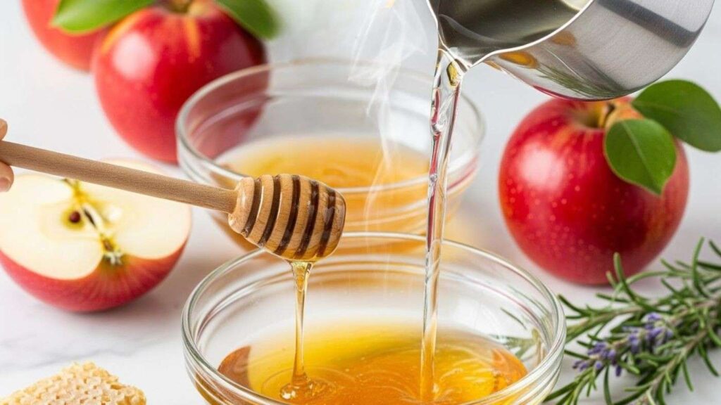 Apple cider vinegar and honey DIY hair treatment prepared to clarify oily hair and remove product buildup