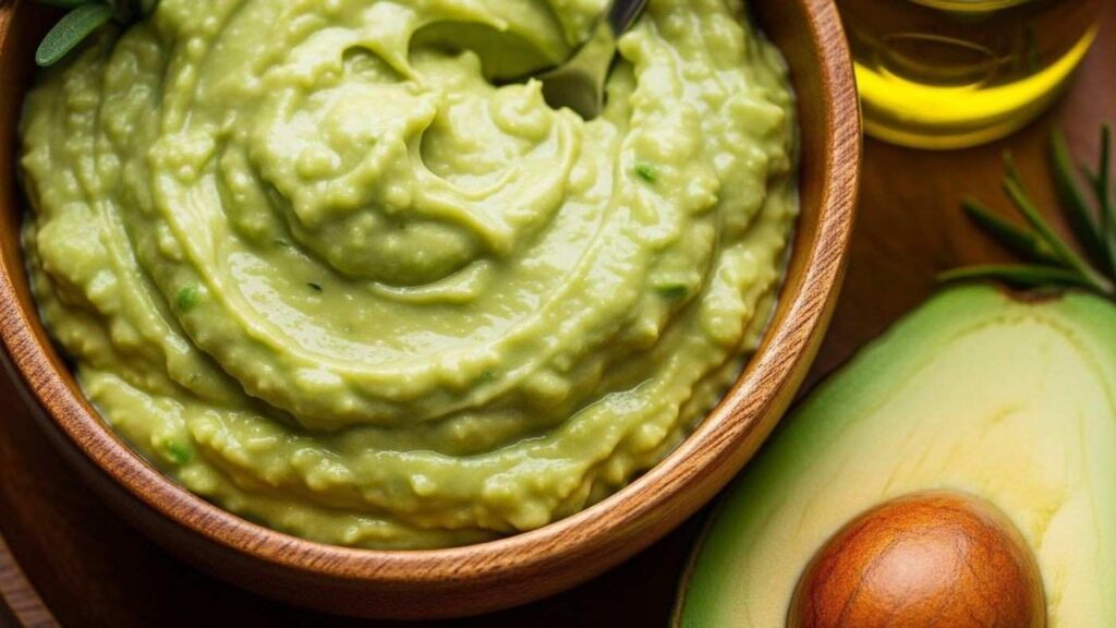 Avocado and olive oil DIY hair mask prepared to deeply moisturize dry, coarse, or color-treated hair