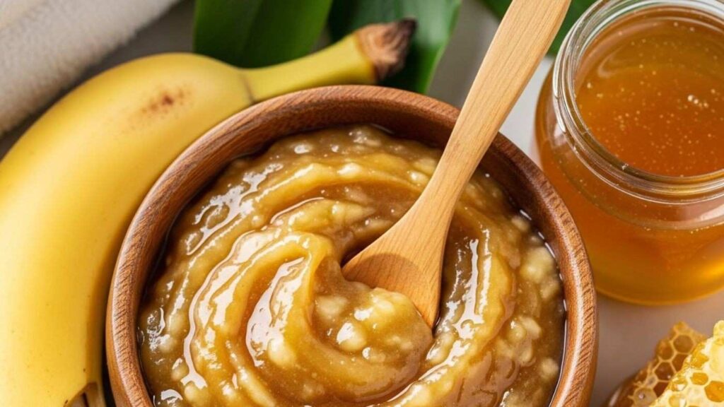 Banana and honey DIY hair mask prepared to smooth frizz, soften texture, and improve hair elasticity