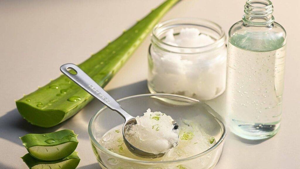 Coconut oil and aloe vera DIY hair mask prepared to soothe dry scalp and reduce irritation
