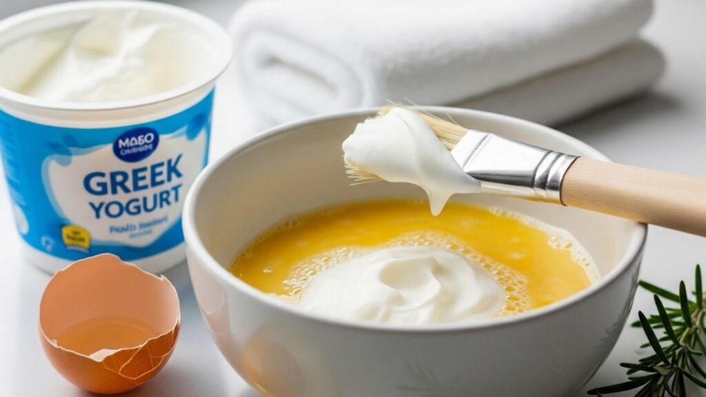 Egg and yogurt DIY hair mask prepared to strengthen weak hair and improve elasticity