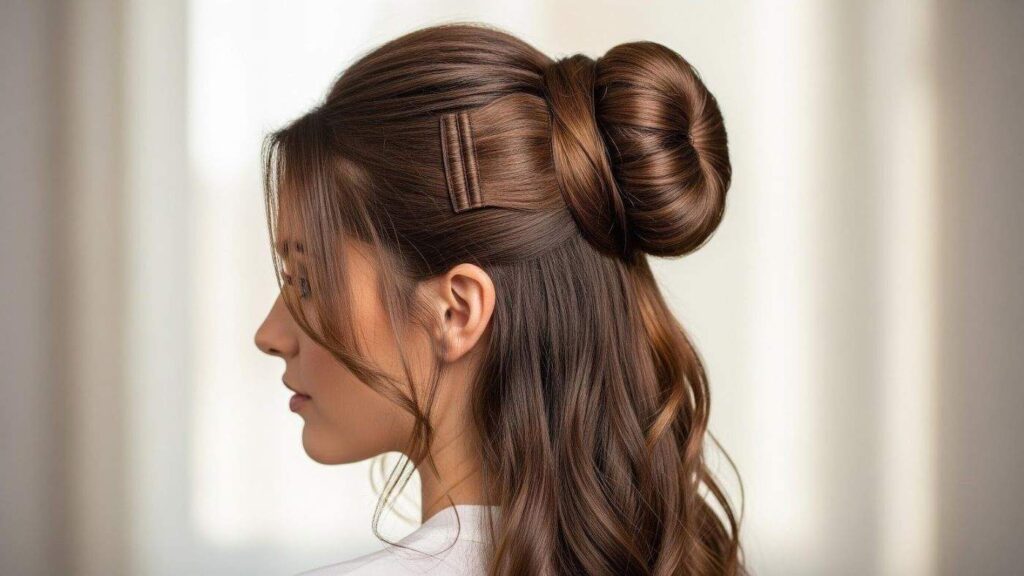 Half-up bun hairstyle created using hair extensions