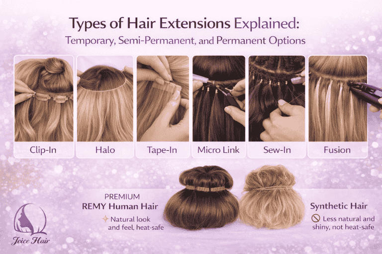 Types of hair extensions including clip-in, halo, tape-in, micro link, sew-in, and fusion methods