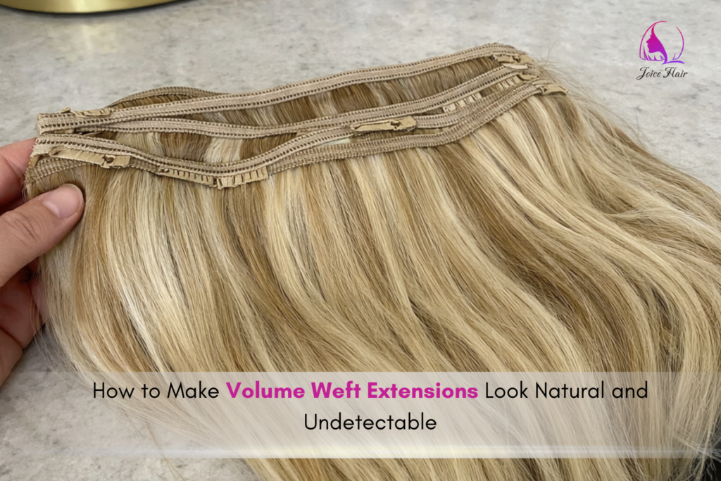 Blonde volume weft hair extensions with stitched top seam laid on a marble countertop, shown in natural light.